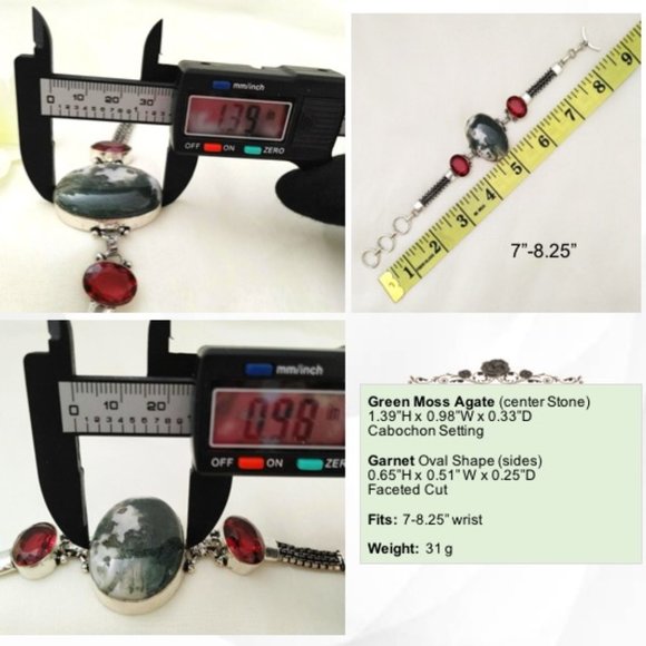 Moss Agate Garnet (br17) Bracelet Green Red Natural Gems 925 Silver Toggle 7"-8" - Picture 10 of 11